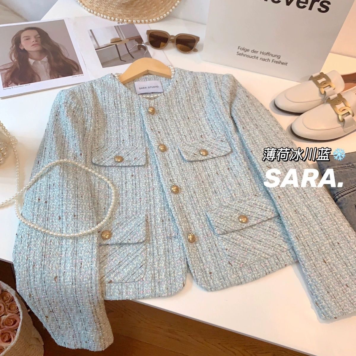 短外套小香风春秋气质长袖ol秋季冰川蓝粗花呢小个子洋气短款#0DG