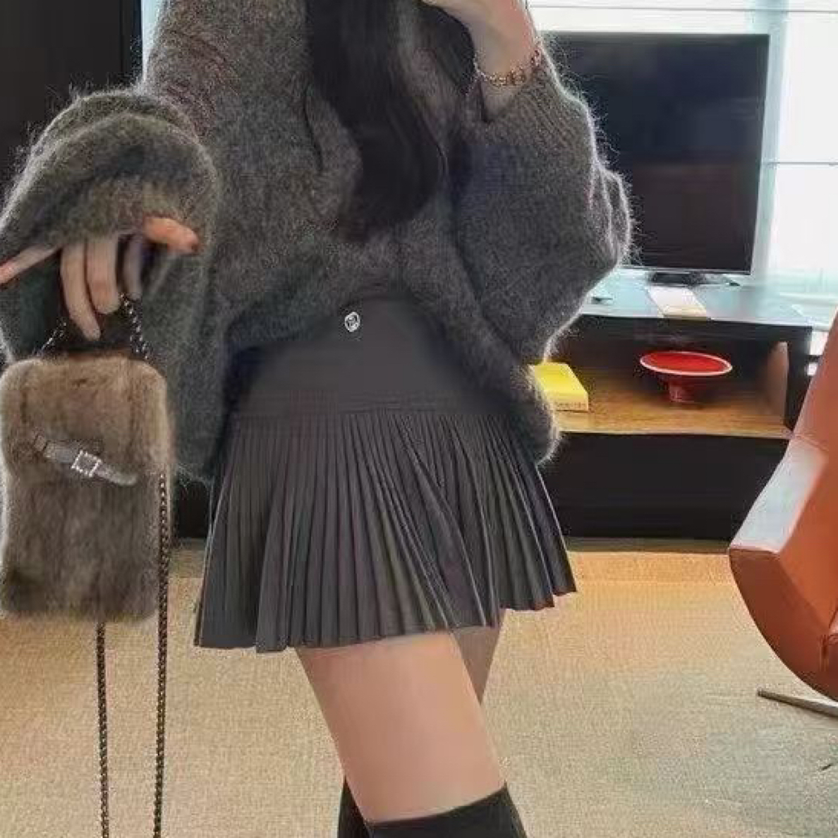 【现货】A6162韩系加厚呢料细褶摆裙显瘦a字短裙