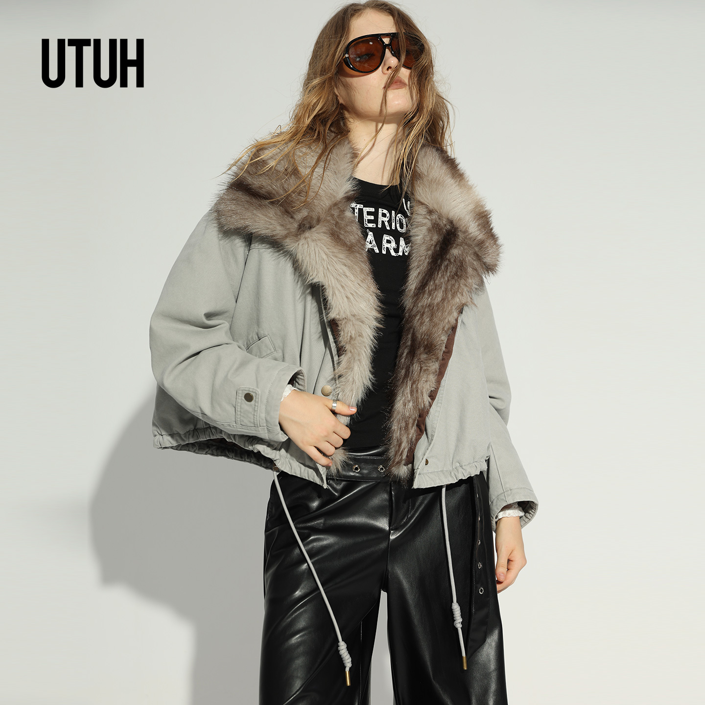 UTUH灰色可拆卸女款派克服复古水洗工装羽绒服配：毛领 TDWWW1W363