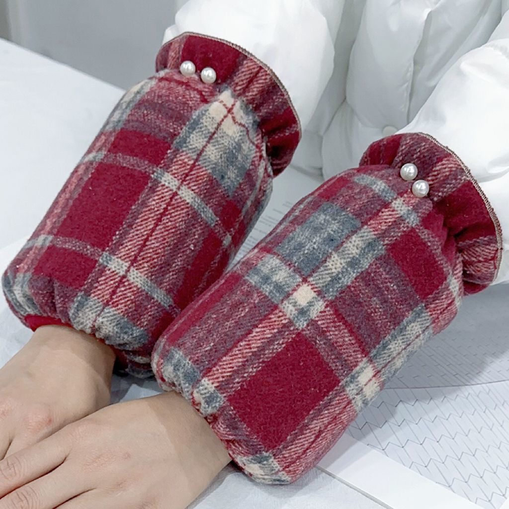 袖套女学生成人短款珍珠防污套袖秋冬上班防脏护袖头韩版格子袖筒