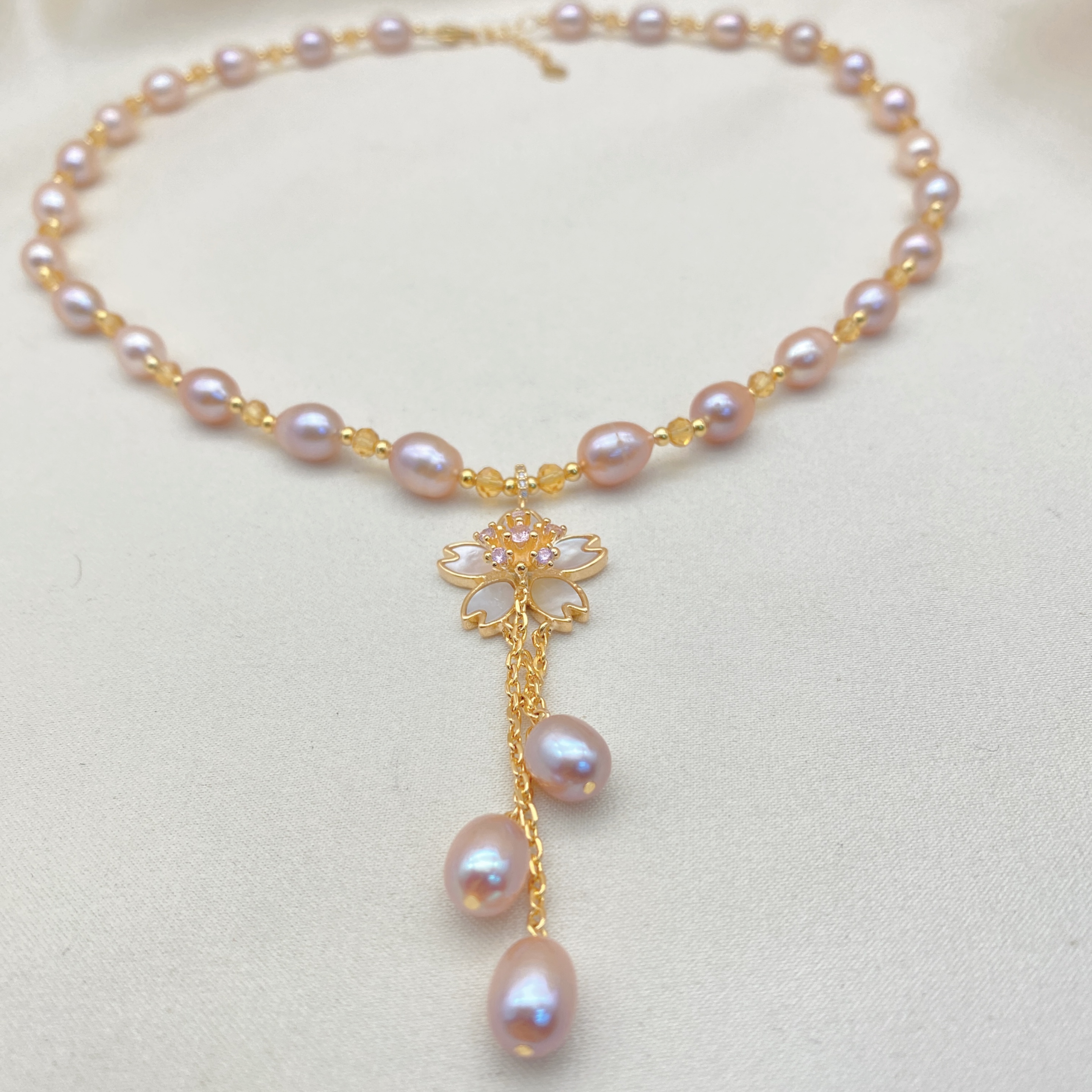 LH060【浪漫樱花珍珠项链】手工气质轻奢时尚仙女紫色素款混彩粉紫