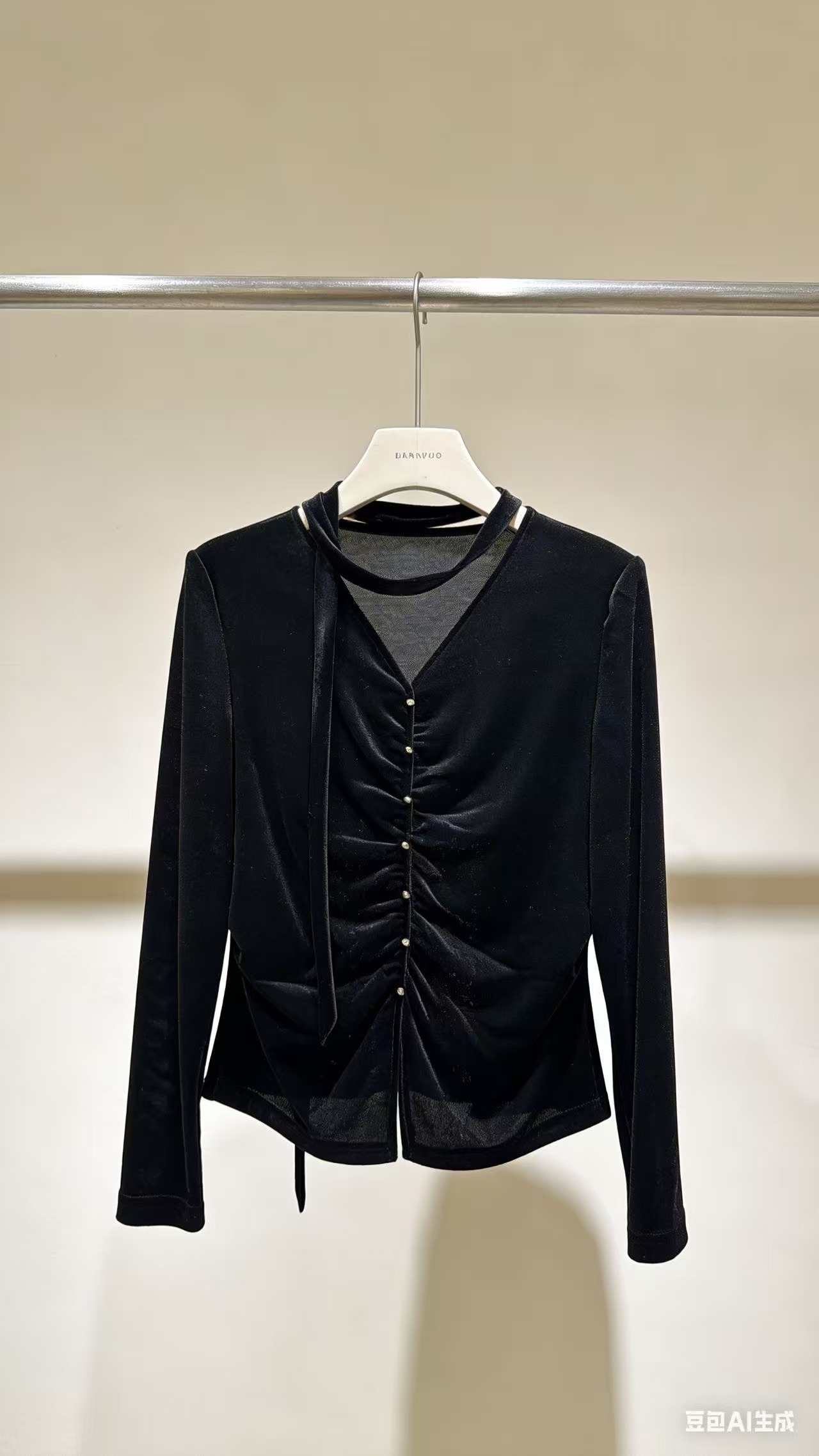 S537 春秋款法式高级复古飘带丝绒褶皱打底单穿小衫MAN