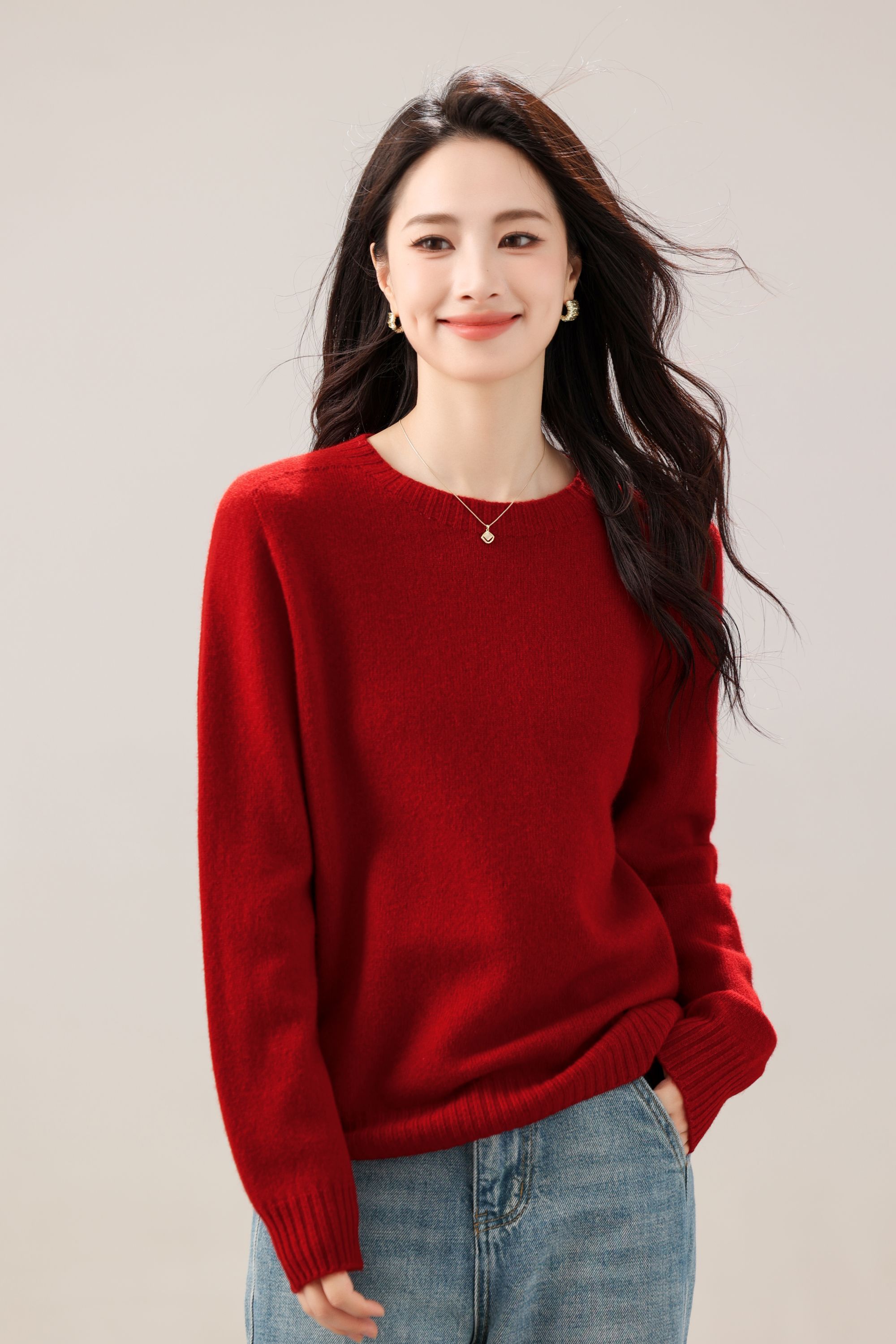 100%纯羊毛衫女圆领套头毛衣2025秋冬短款宽松针织打底衫百搭