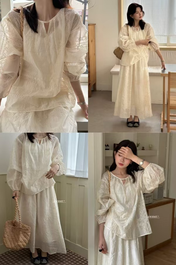 恩熙·法式重工刺绣钩花半身裙套装8363