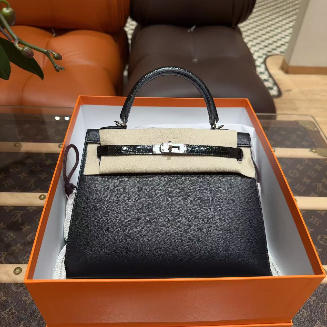未使用 Hermes/爱马仕 Kelly25 黑银 touch 亮面鳄鱼拼mad皮 国专