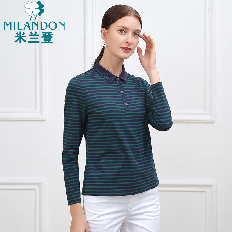 MILANDON/米兰登春秋翻领长袖条纹T恤女士休闲大码上衣棉1N1T1103