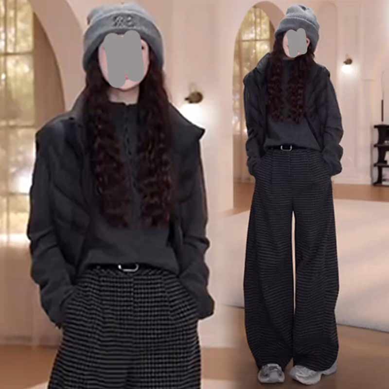 保暖马甲配半高领纽扣长袖针织衫高腰黑格子休闲裤潮流三件套装女