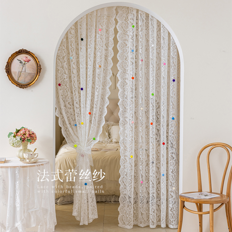 免打孔门帘ins法式蕾丝纱帘飘窗隔断复古魔术窗帘美式田园小清新