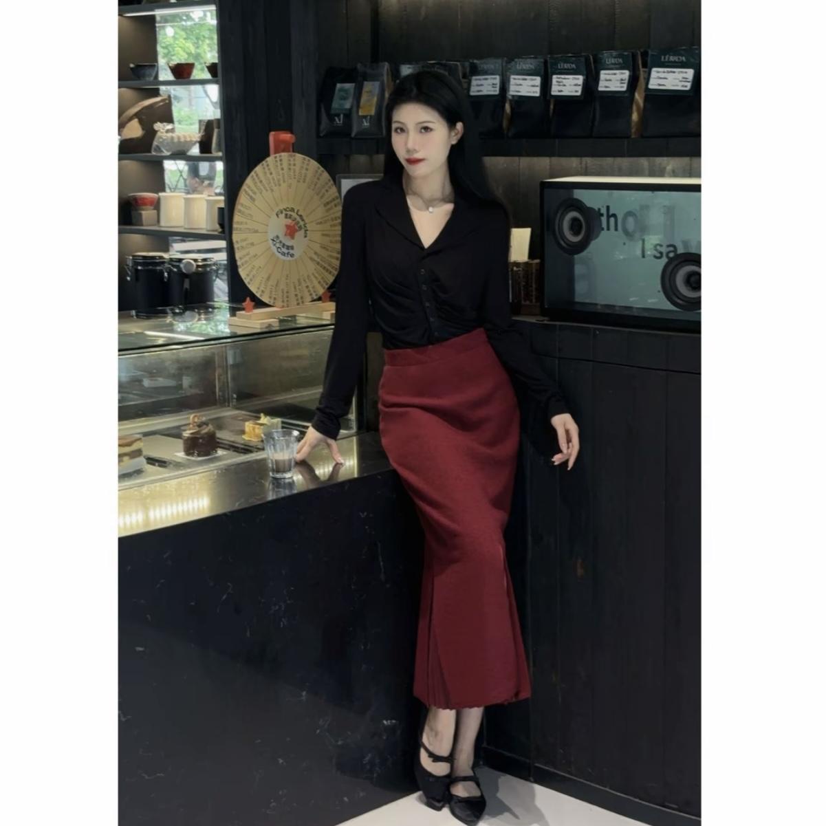 GIRDEAR/哥弟秋冬显瘦毛呢红色修身步步生花半身裙鱼尾裙1200232