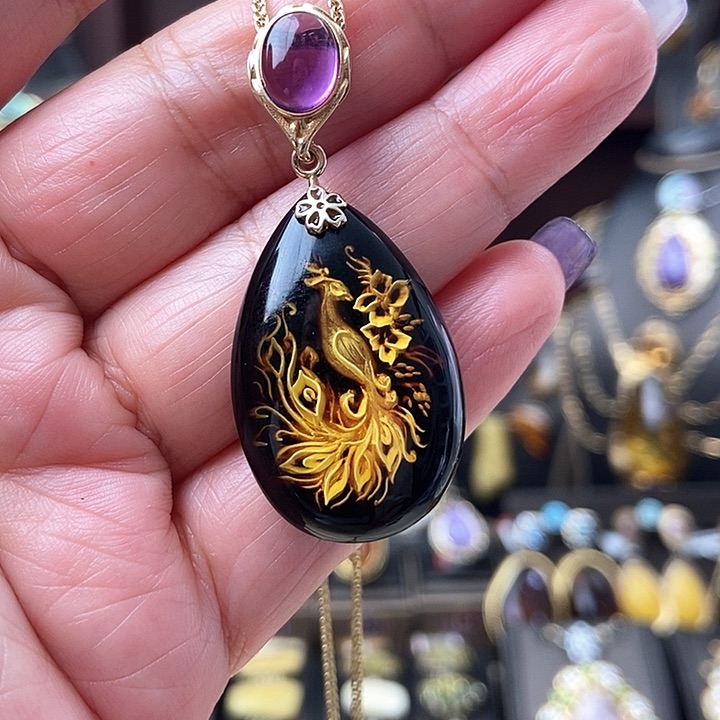 琥珀颈饰银S925镶嵌吊坠