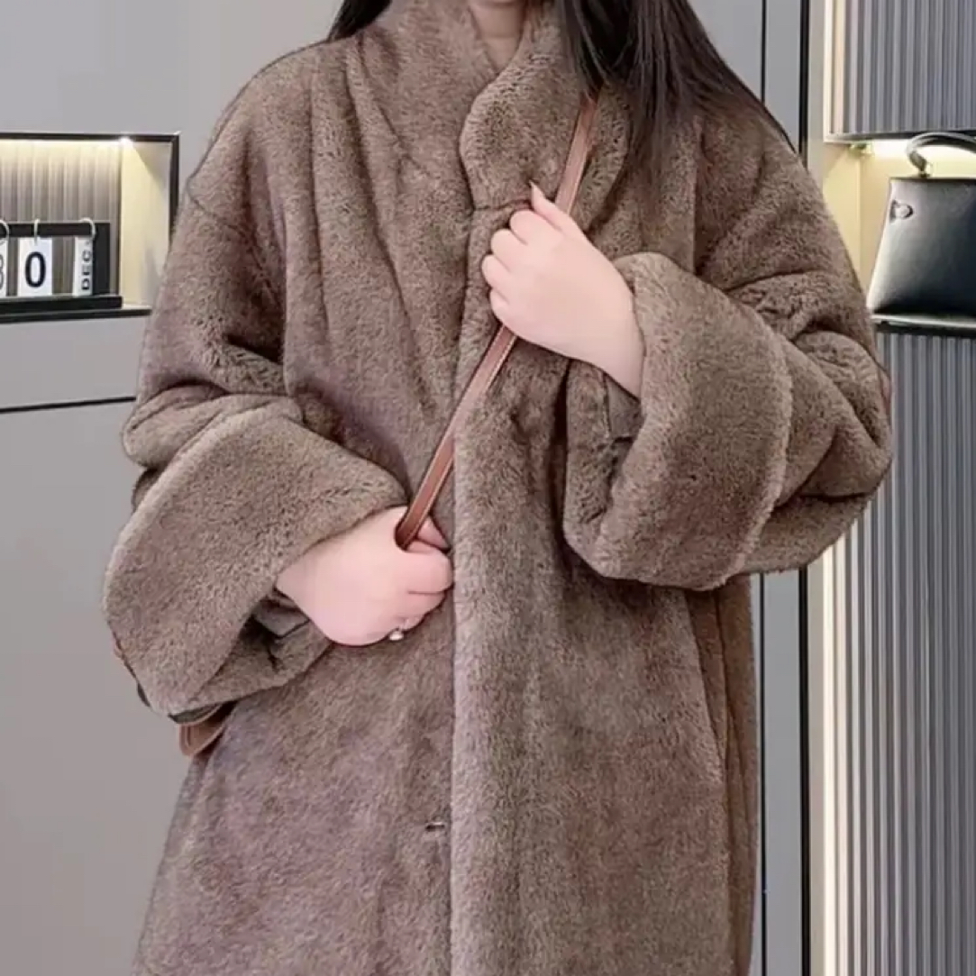 人造皮草 韩版立领中长款宽松挽袖环保貂绒冬季毛毛外套女