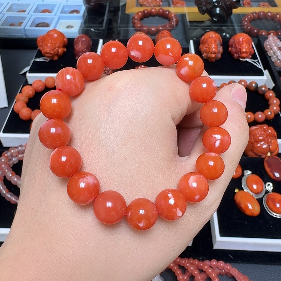 南红玛瑙未镶嵌保山冰红多肉手链11.3mm34.7g