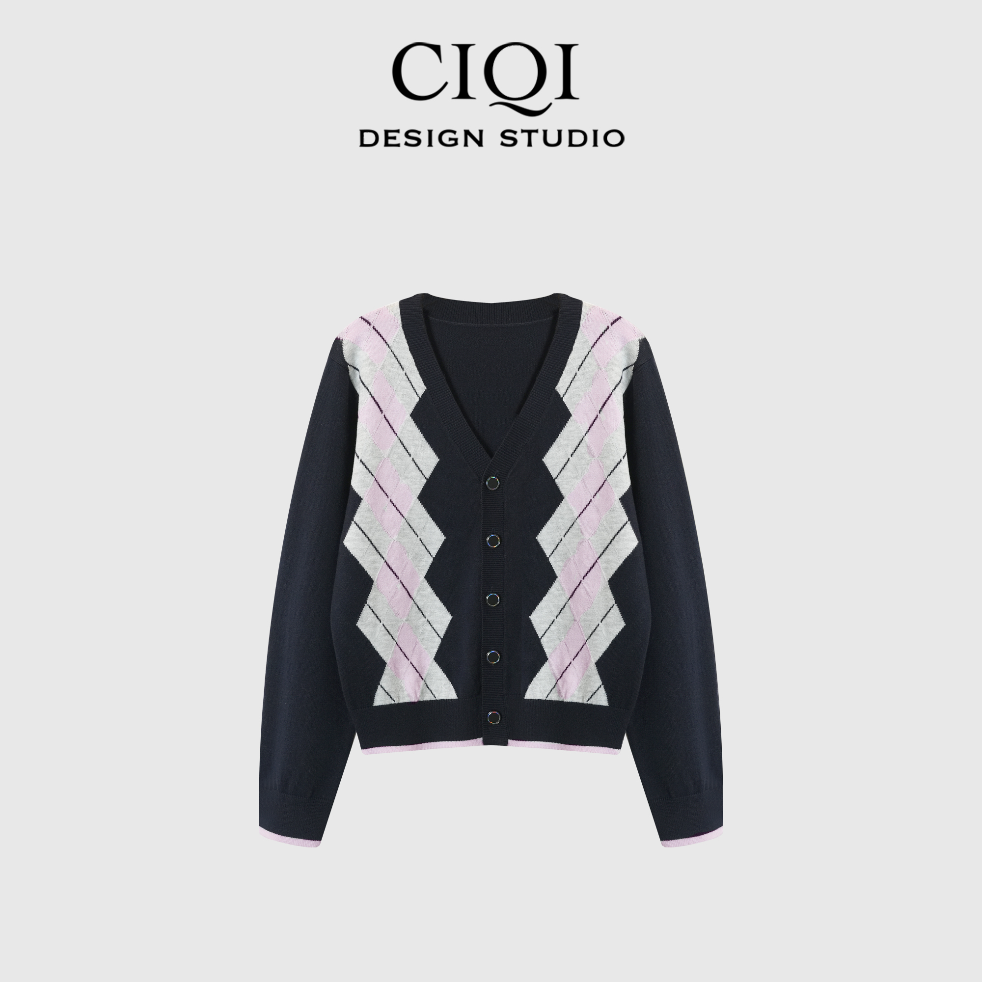 CIQI STUDIO【菱格小缪】喵系拼色菱形格时尚洋气针织开衫DY251031