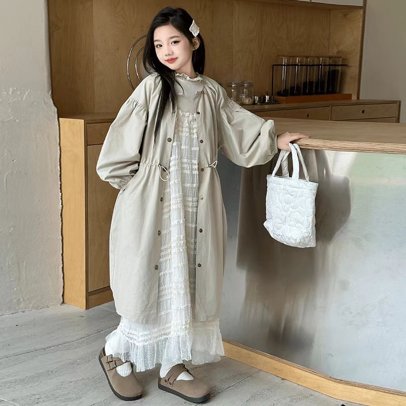 女童薄款风衣外套2025新款女大童双面穿长款棉布大衣儿童韩范披风