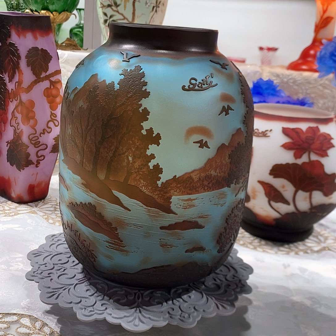 摆件Y041老料琉璃格雷花瓶