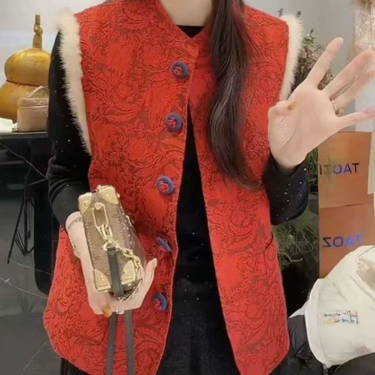 【加棉加厚】新年红水貂毛浮雕刺绣新中式加厚马甲