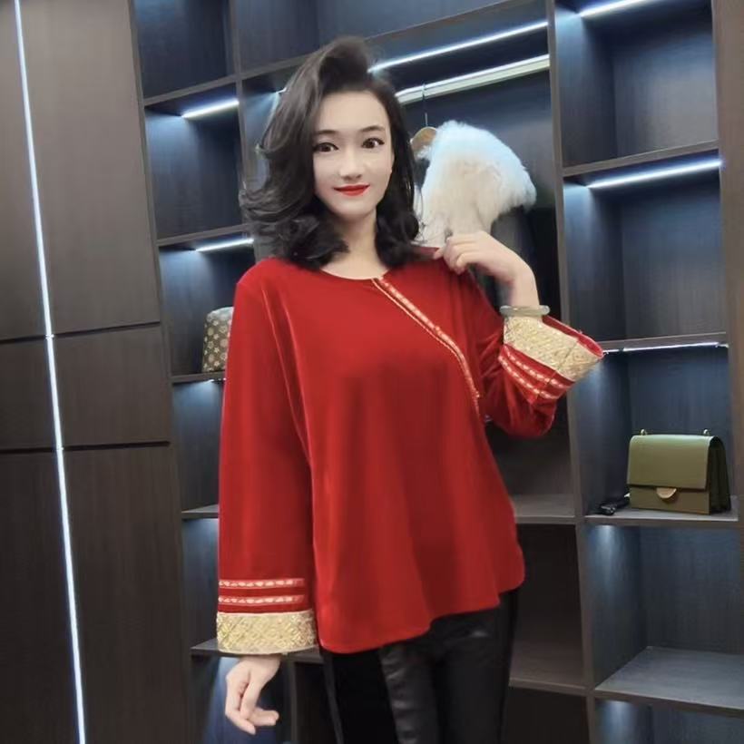 【峰姐优品】16009【NY】国风刺绣边圆领大袖丝绒大衫