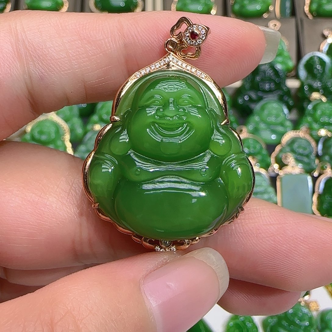 和田玉（碧玉）吊坠(不含链)18K金镶嵌