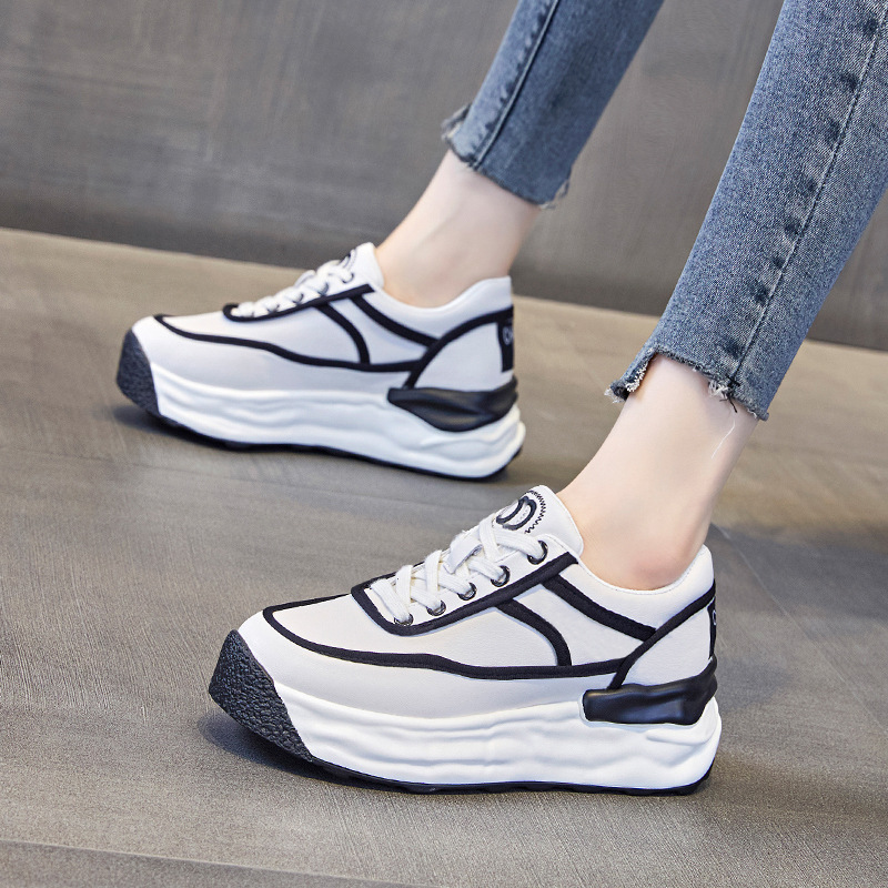 2025春夏真皮内增高休闲低帮学生潮女鞋系带流行松糕厚底小白鞋女