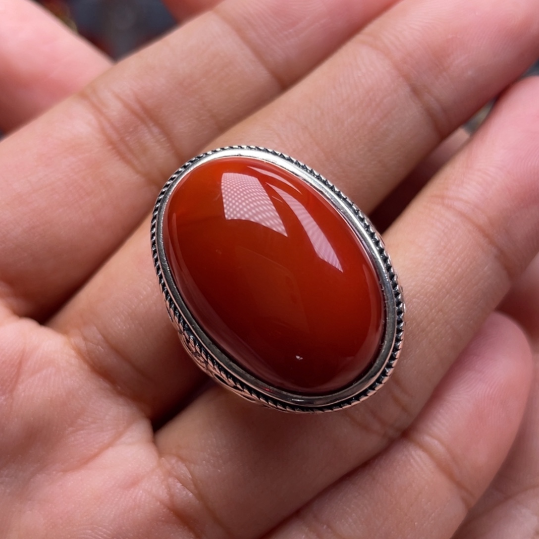 南红玛瑙银S925镶嵌珠宝奇石戒指