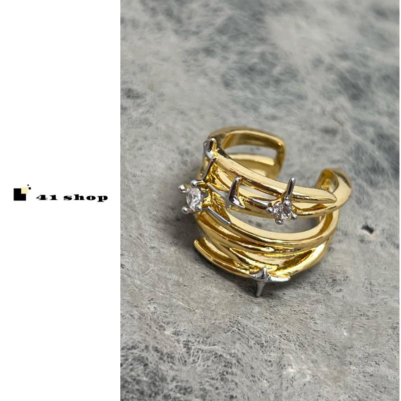 铜合金合成锆石戒指 A281 小众买手戒指金色荆棘白锆交错开口戒指