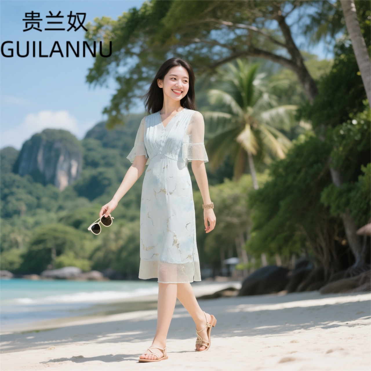 W848短袖千金风夏季印花连衣裙显瘦莫奈花园风