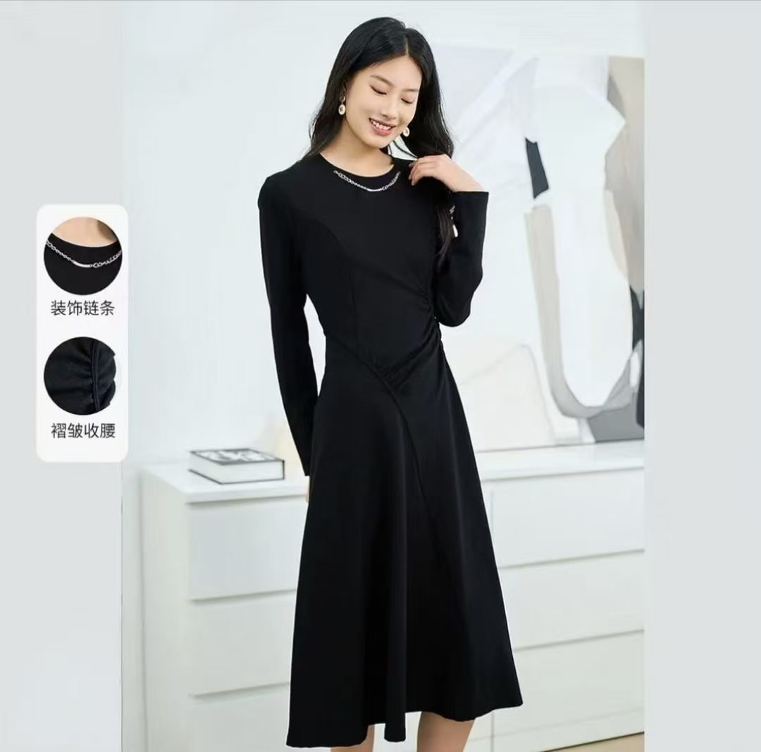 【QX854断码青仓】长袖春秋2025年新款纯色修生内搭气质连衣长裙