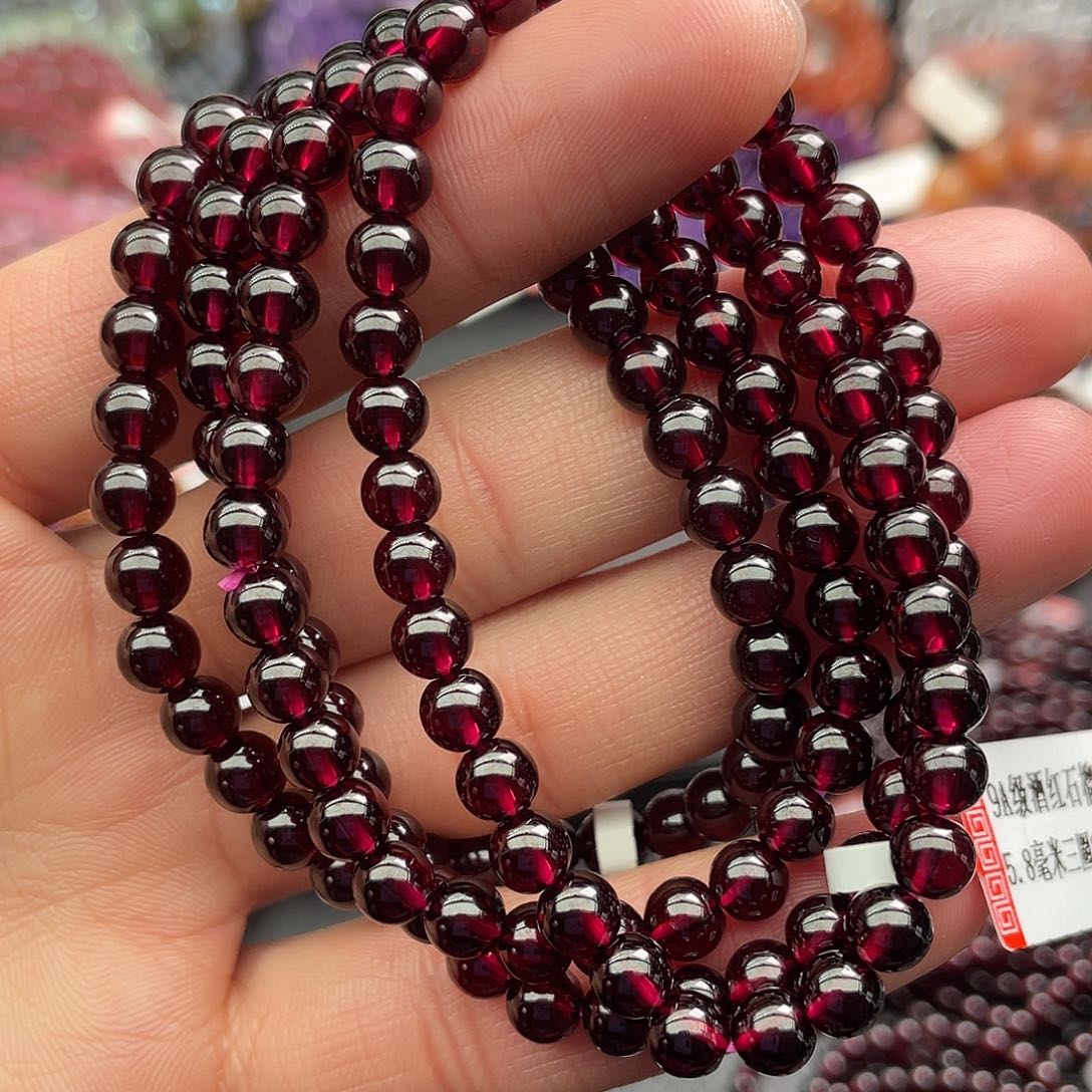 石榴石手链未镶嵌哈**尼5.8毫米9A级三圈酒红石榴石手链