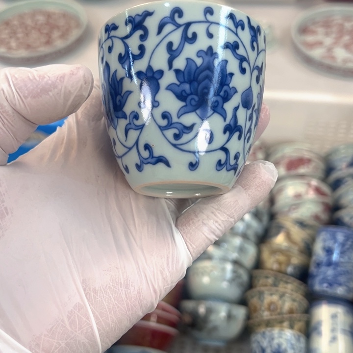 瓷片白青花缠枝莲铃铛杯主人杯全品