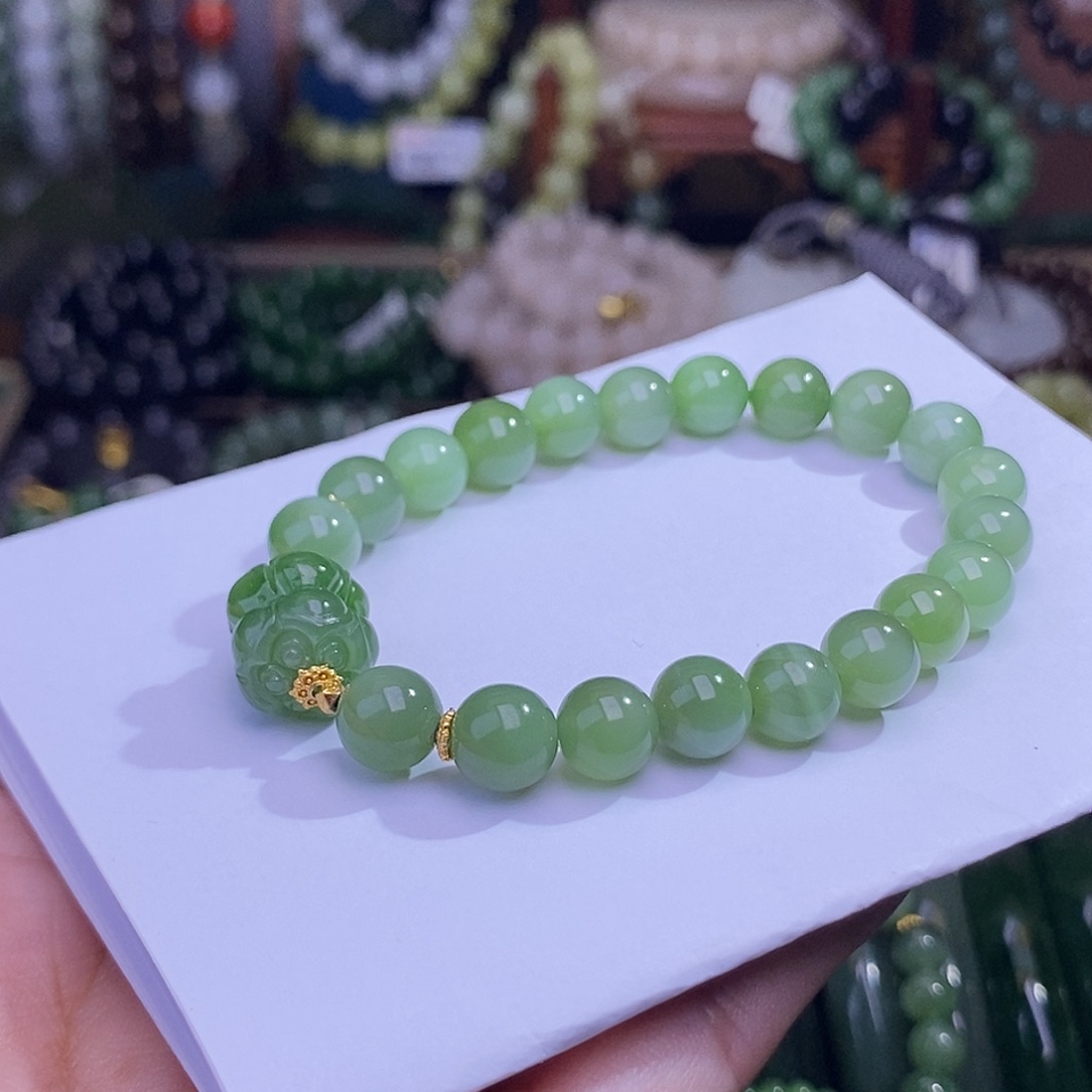 手链未镶嵌和田玉碧玉粉绿猫眼老矿料约8mm手串