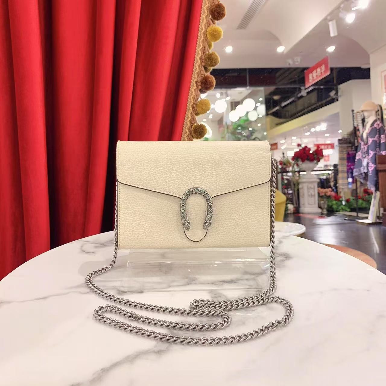 95新 GUCCI/古驰 GGS钻扣酒神woc白色银扣牛皮单肩包 44715671