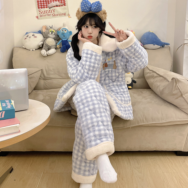 冬季加厚三层珊瑚绒夹棉睡衣女格子卡通小狗家居服套装可外穿加绒