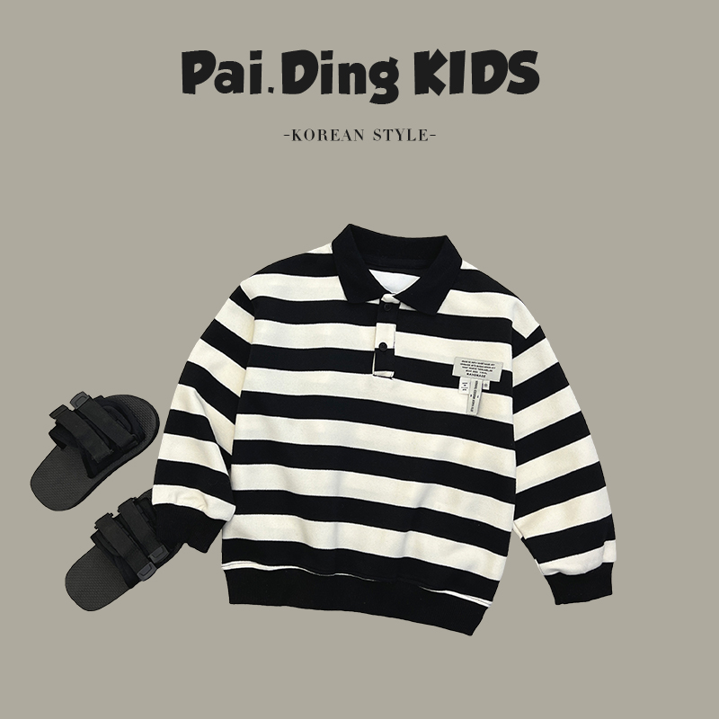 Q现货-春装儿童条纹休闲宽松长袖POLO衫卫衣HAM4037