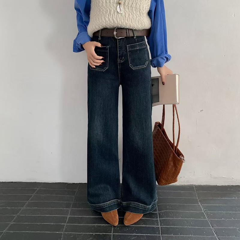 秋冬季植绒窄版阔腿裤长裤显瘦大直筒女牛仔裤