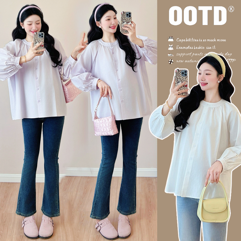 孕妇装怀孕上衣2025春新款孕妇圆领灯笼袖宽松休闲上衣