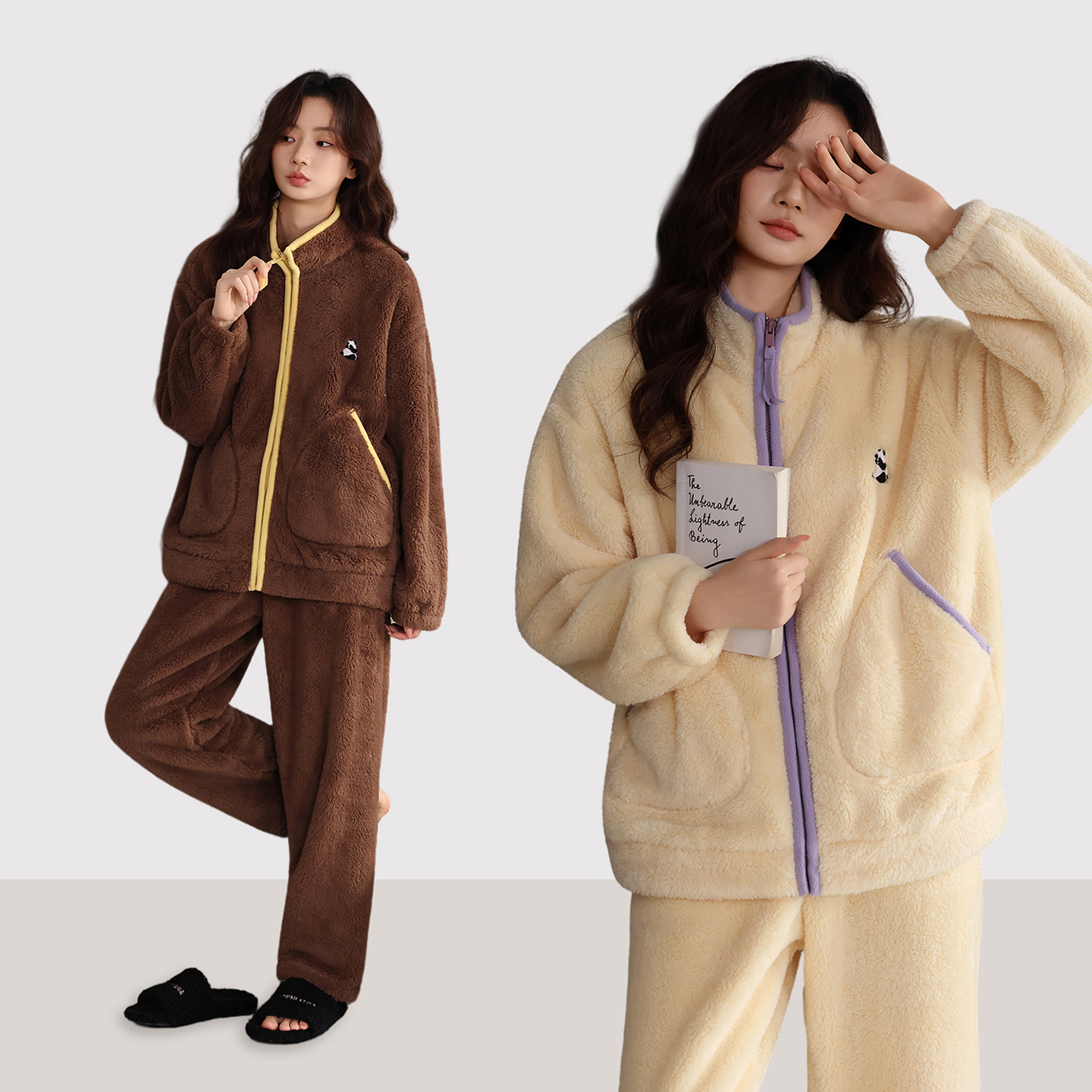 秋冬新款双面加厚女款睡衣两件套宽松慵懒毛绒绒家居服套装