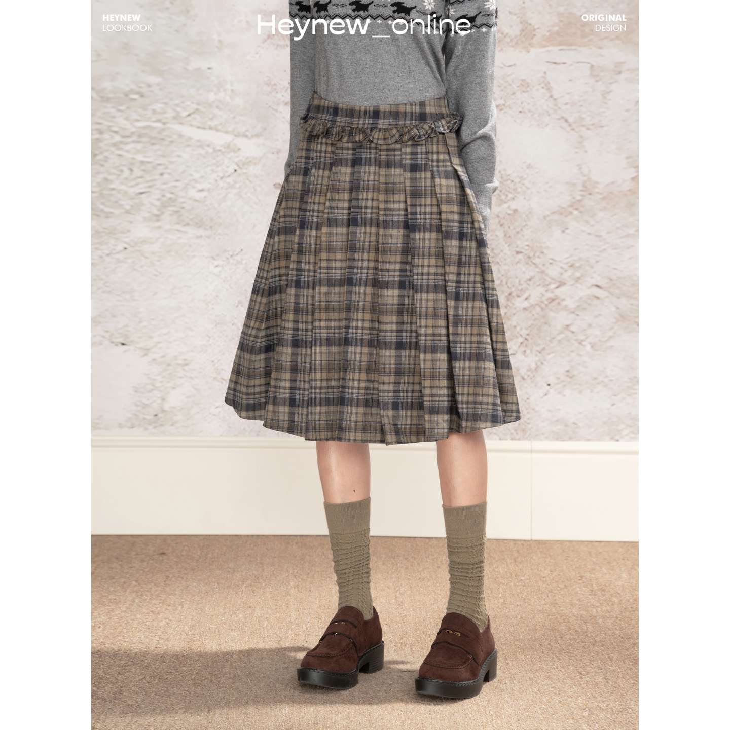 【HEYNEW黑妞】木耳边拼接格纹压褶毛呢半身裙女高腰百褶短裙5D068