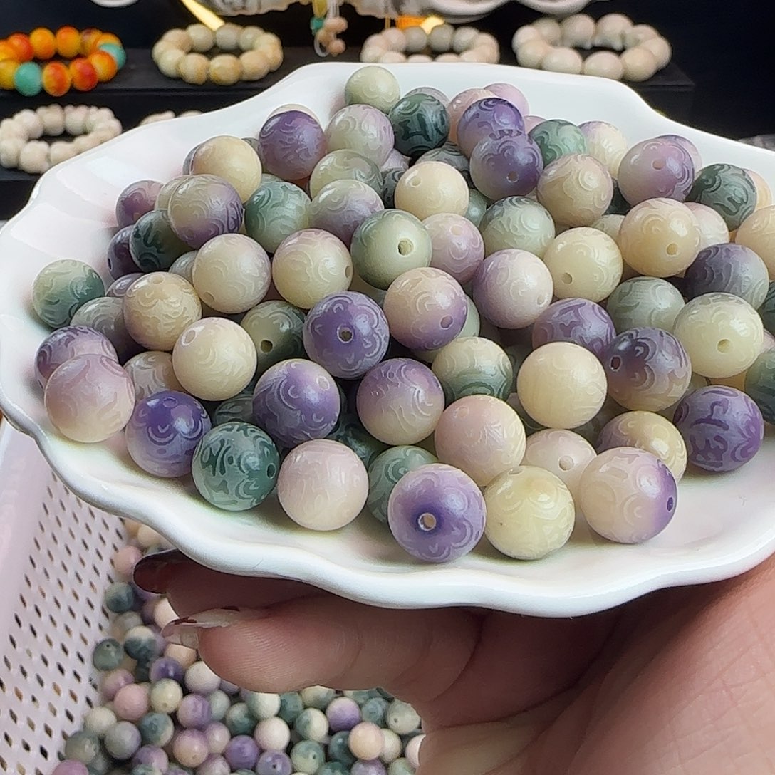 手串菩提根/象牙果卡12紫绿飘花箴言圆500颗