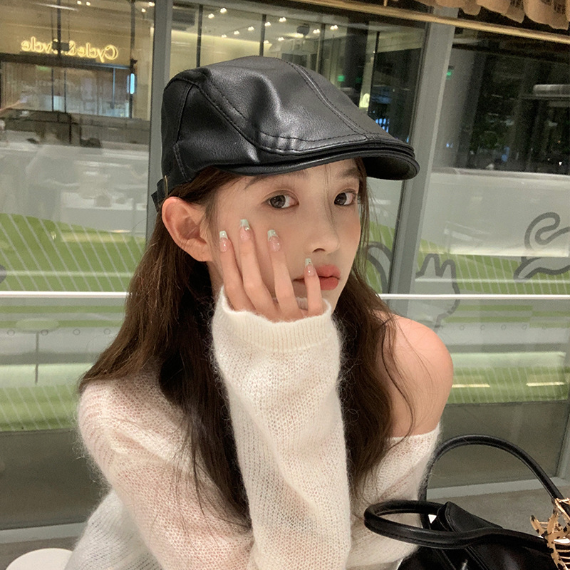 韩版PU皮前进帽子女复古英伦秋冬画家帽子贝雷帽女潮时尚鸭舌帽