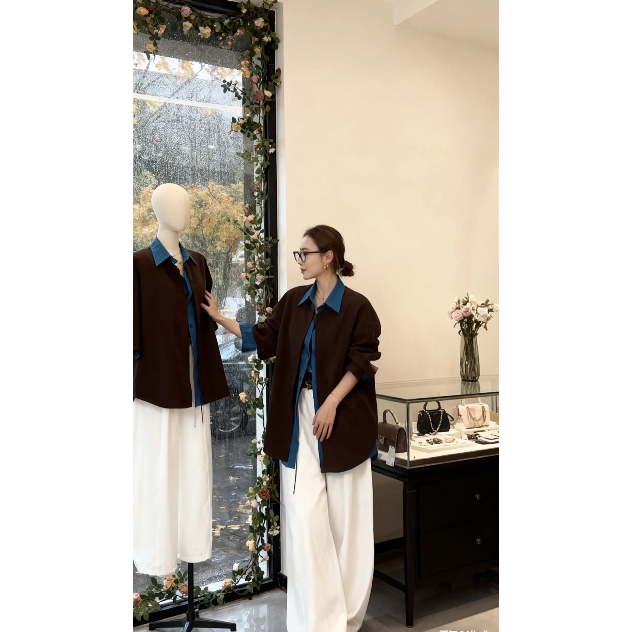 【墨咖深海】咖色撞色拼接假两件廓形中长款衬衫+百搭牛仔裤套装