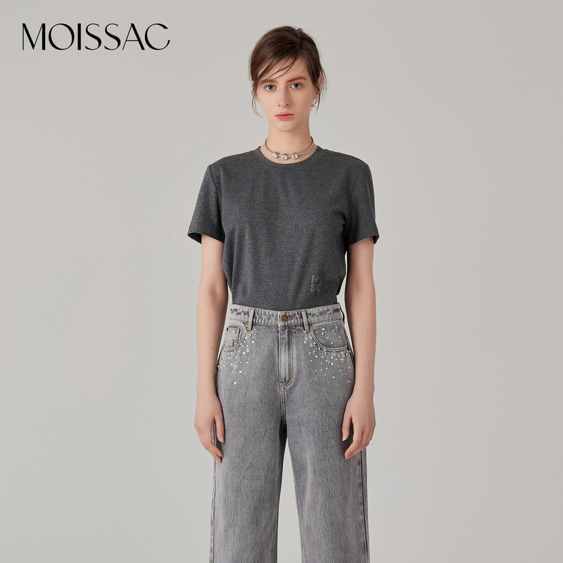 MOISSAC摩萨克商场同款高智圆领短袖logo灰色休闲T恤MWEQ80306
