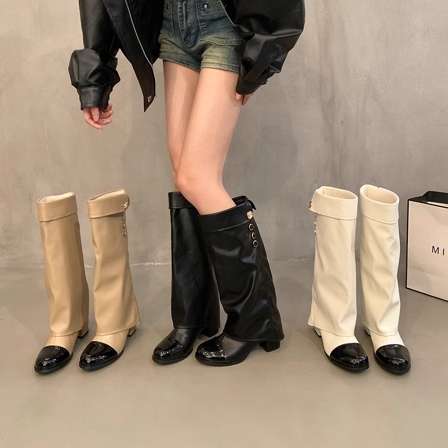 2025新款气质粗跟不过膝裤管长靴高跟小香风圆头拼色骑士高筒靴女