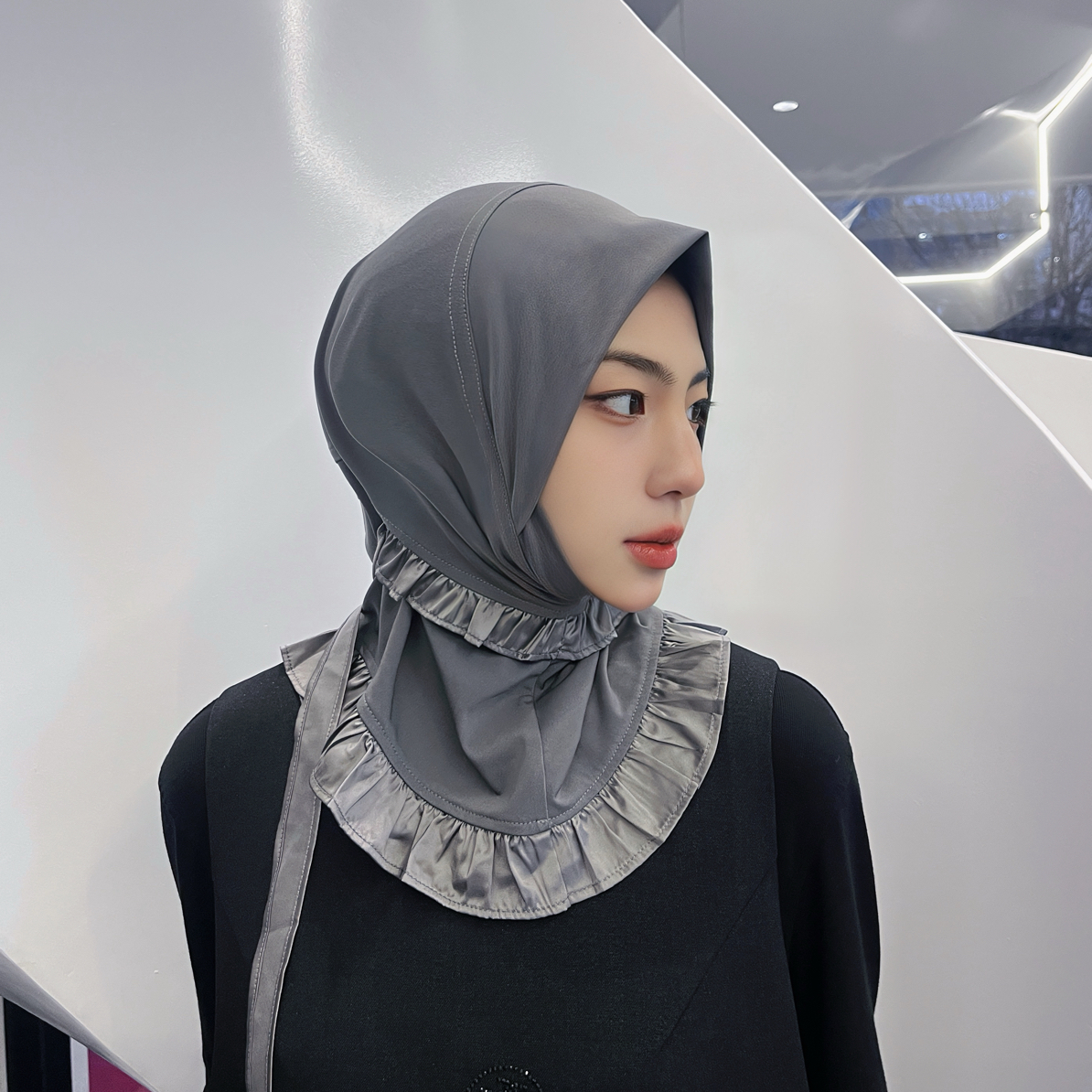 MARY.SR(荷塘月色）木耳边绑带小头套纯色