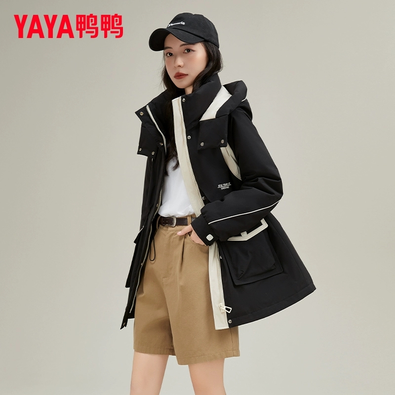 YAYA/鸭鸭中长款连帽90绒羽绒服女新保暖休闲外套YE4B616215L
