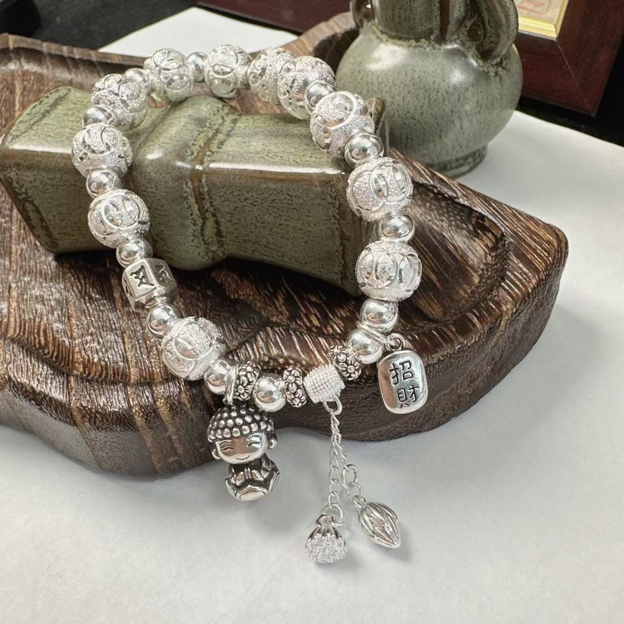 足银手链 六字真言转运珠莲花佛弹力绳手串