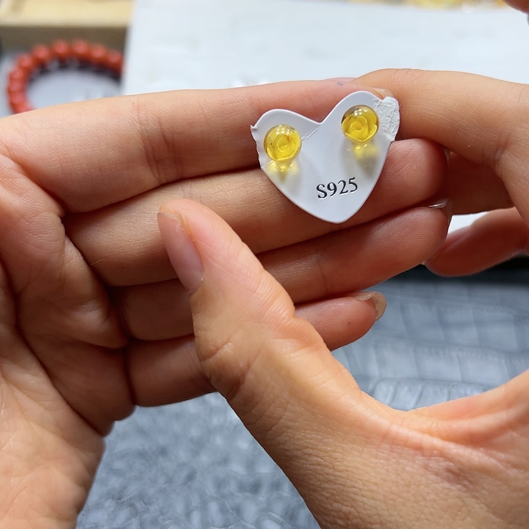 烟晶手链银S925镶嵌蜜蜡内调花耳钉