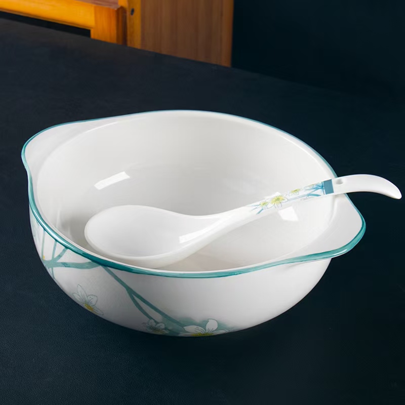 含耳10.5英寸水仙花双耳碗1个送同款汤勺1个 破损联系客服