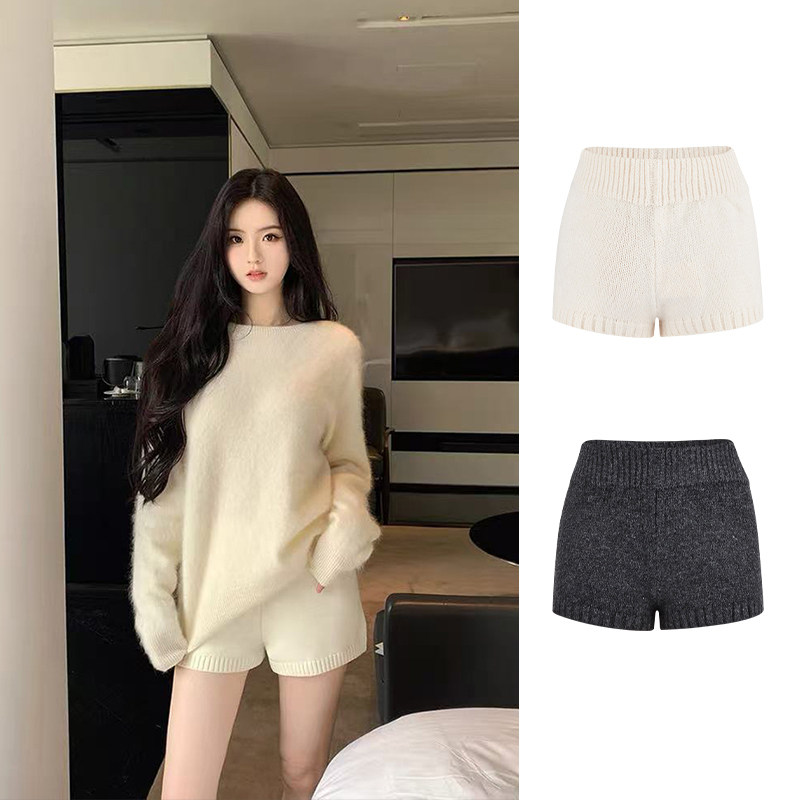 Moses Queen/魔西女王miu系百搭针织短裤秋冬高腰阔腿休闲毛衣裤