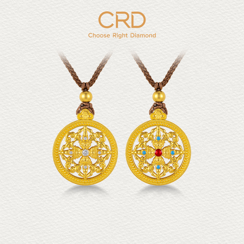 CRD克徕帝罗盘足金吊坠金刚杵莲花古法黄金鎏彩黑绳项链送女友