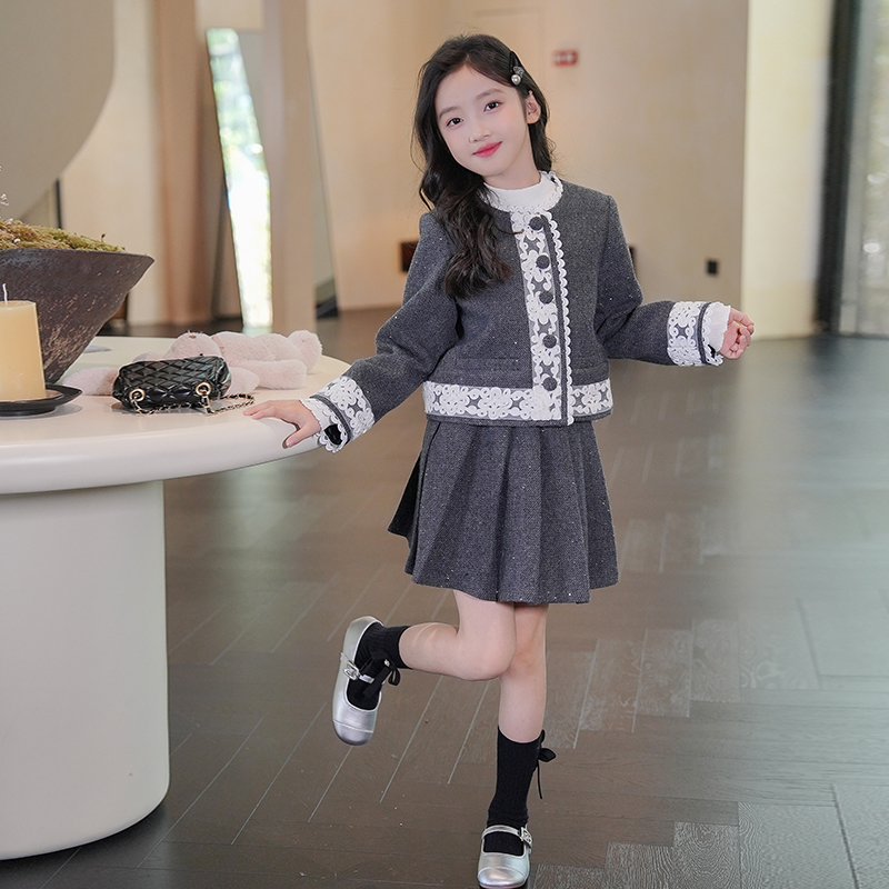 53932女童小香风套装法式精致蕾丝花边衣服秋装新款洋气甜美童装